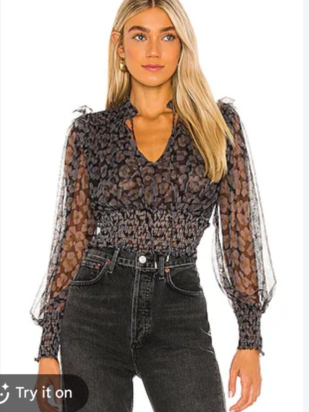 Free People Sheer Twyla Blue and Gray Smocked Waist Blouse